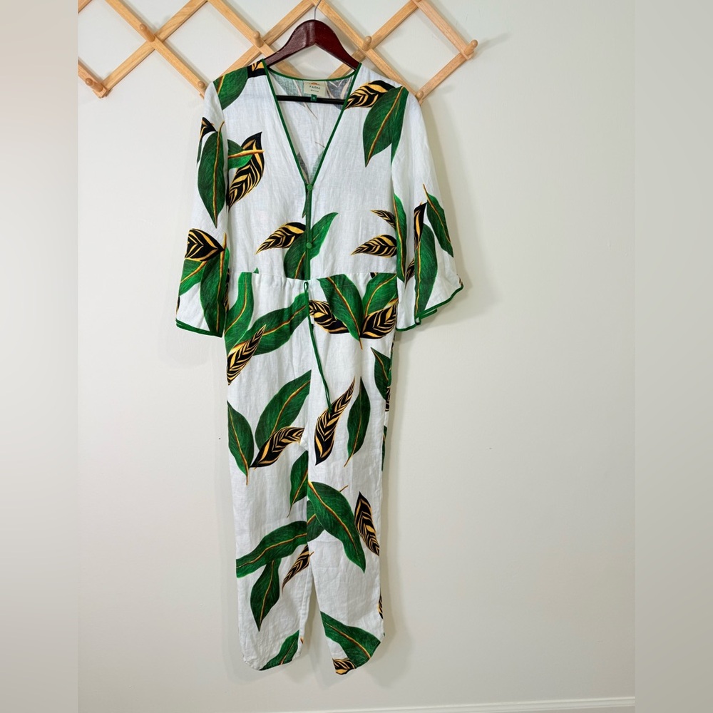 FARM Rio White Jumpsuit with Green & Yellow Leaf Print